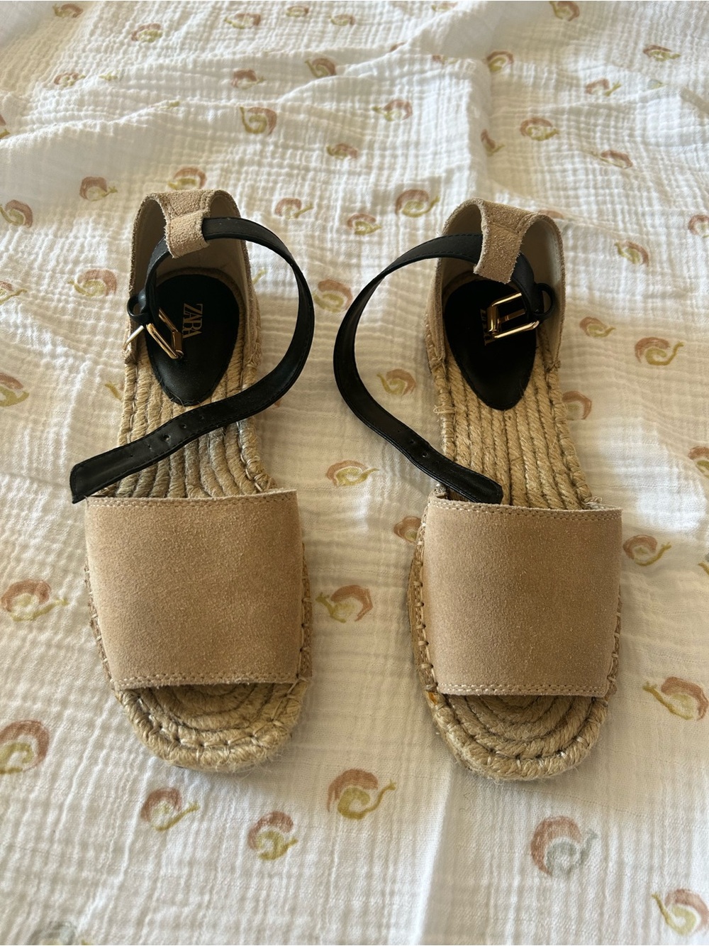 Zara Tan Suede Espadrille Sandals with Black Ankle Straps